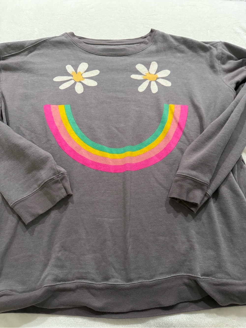 Natural Life Sweatshirt Rainbow Smiley Face Flowers L with Pockets E04